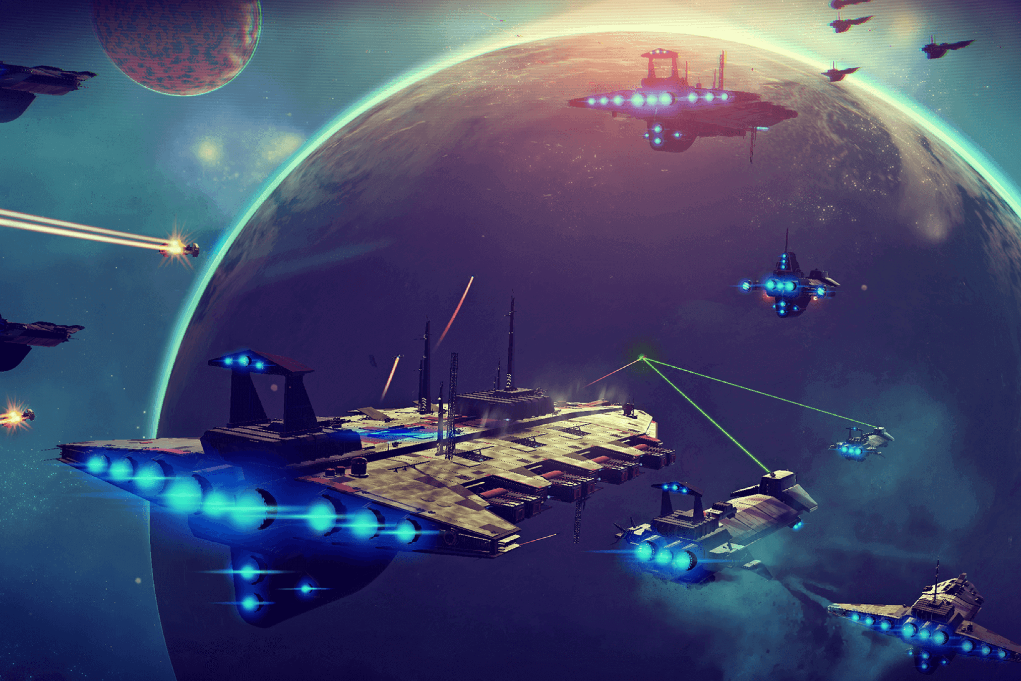 Screenshot of No Man's Sky featuring spaceships and planets